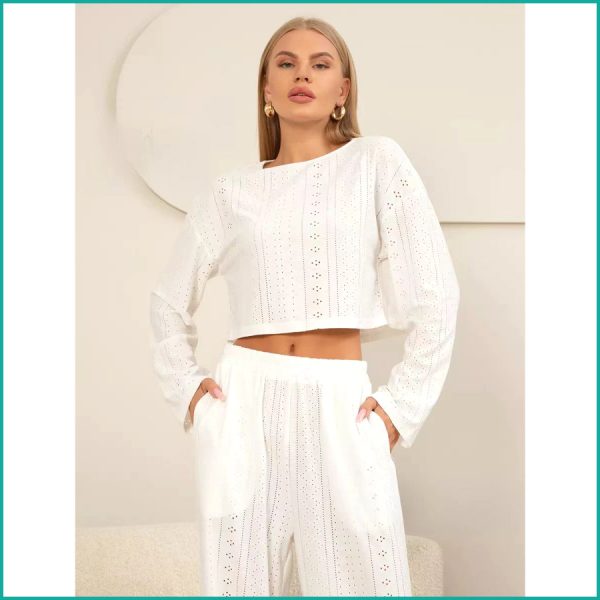 Ladies Loungewear with Crop Top with Wide-Leg Pant - White - Image 4
