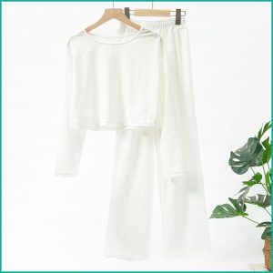 Ladies Loungewear with Crop Top with Wide-Leg Pant - White