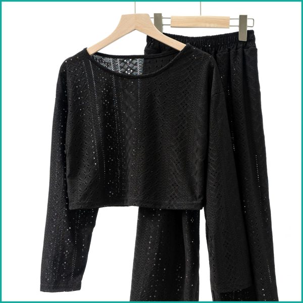 Ladies Loungewear with Crop Top with Wide-Leg Pant - Black - Image 2