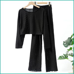 Ladies Loungewear with Crop Top with Wide-Leg Pant - Black