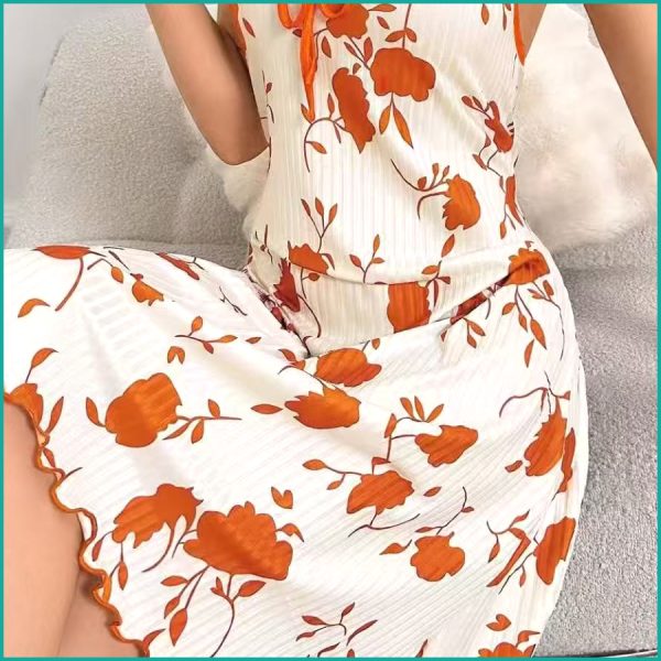 Brown Floral Ladies Cotton Stretch Material Nightwear - White - Image 2