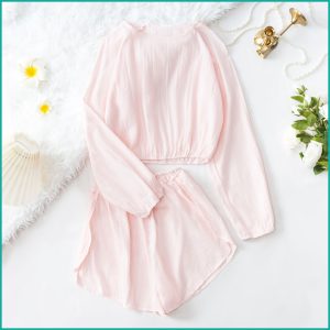 Line Ladies Crop Full Sleeves T-Shirt with Shorts - Pink