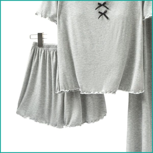 Ladies 3 Pcs Set Loungewear Pajama Set - Grey - Image 3
