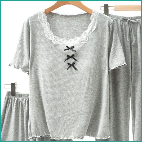 Ladies 3 Pcs Set Loungewear Pajama Set - Grey - Image 2