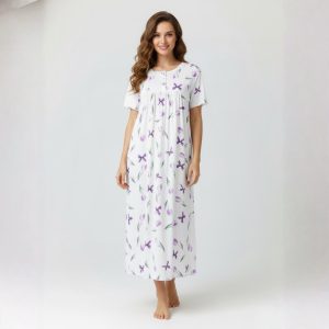 Tulip Ladies Cotton Nightgown with Lace Trim and Buttoned Neckline - White