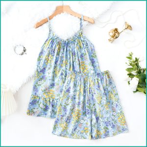 Mini Flower Ladies Shorts Set - Sky Blue