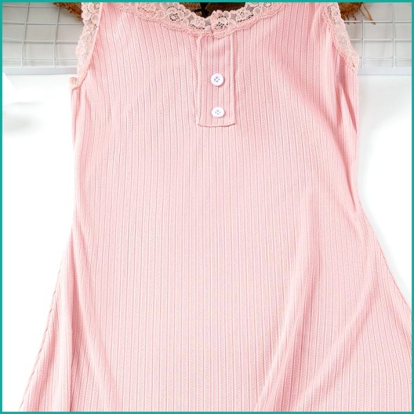 Ladies Soft Ribbed Knit Lilac Nightdress with Lace Trim and Button - Pink - Image 2