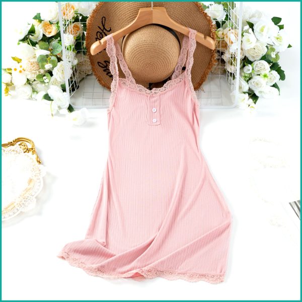 Ladies Soft Ribbed Knit Lilac Nightdress with Lace Trim and Button - Pink