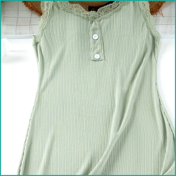 Ladies Soft Ribbed Knit Lilac Nightdress with Lace Trim and Button - Green - Image 2