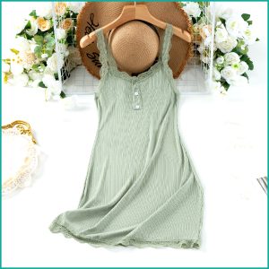 Ladies Soft Ribbed Knit Lilac Nightdress with Lace Trim and Button - Green