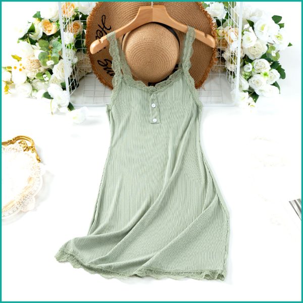 Ladies Soft Ribbed Knit Lilac Nightdress with Lace Trim and Button - Green
