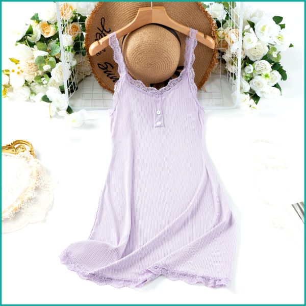 Ladies Soft Ribbed Knit Lilac Nightdress with Lace Trim and Button - Lavender