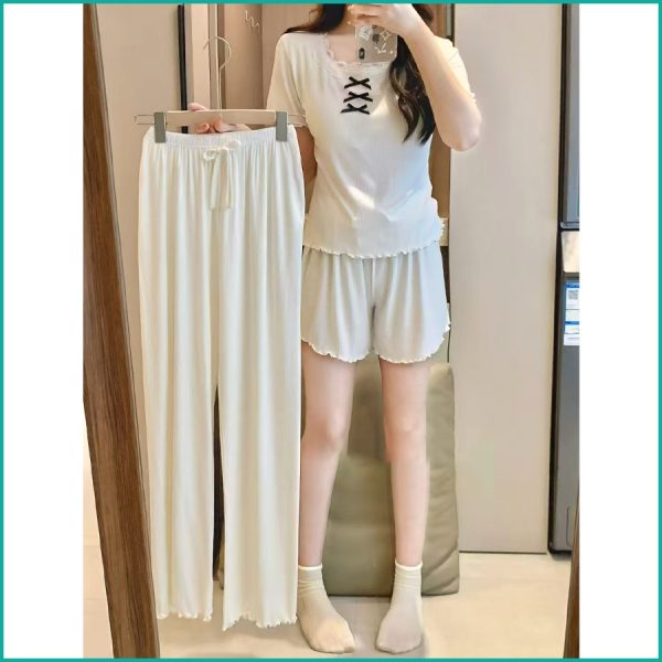 Ladies 3 Pcs Set Loungewear Pajama Set - White - Image 5