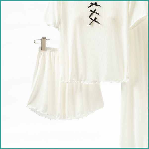 Ladies 3 Pcs Set Loungewear Pajama Set - White - Image 3