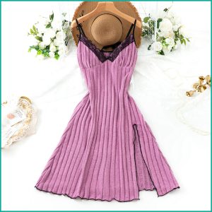 Ribbed Lilac Nightdress with Lace Neckline and Side Slit - Purple