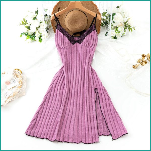 Ribbed Lilac Nightdress with Lace Neckline and Side Slit - Purple