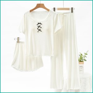 Ladies 3 Pcs Set Loungewear Pajama Set - White