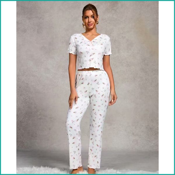 Tulips Ladies Crop T-Shirt Loungewear Pajama Set - White - Image 4