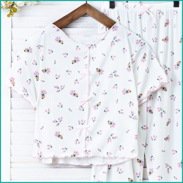 Tulips Ladies Crop T-Shirt Loungewear Pajama Set - White - Image 2