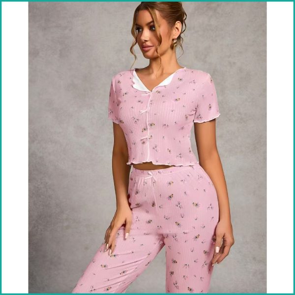 Tulips Ladies Crop T-Shirt Loungewear Pajama Set - Pink - Image 4