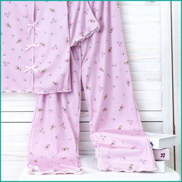 Tulips Ladies Crop T-Shirt Loungewear Pajama Set - Pink - Image 3
