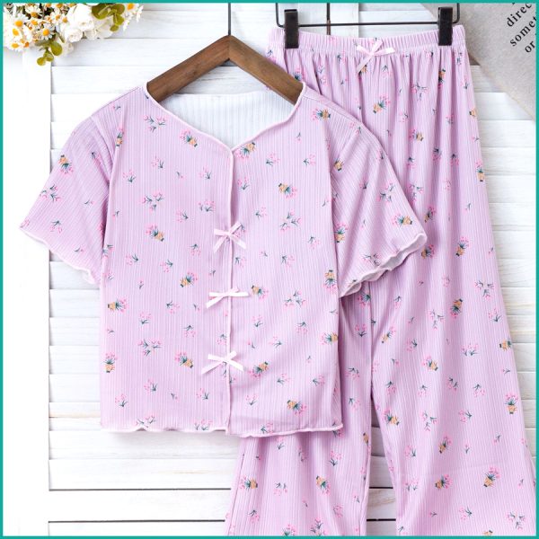 Tulips Ladies Crop T-Shirt Loungewear Pajama Set - Pink - Image 2