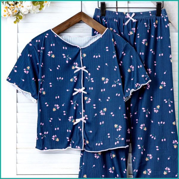 Tulips Ladies Crop T-Shirt Loungewear Pajama Set - Blue - Image 2