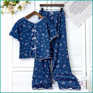 Tulips Ladies Crop T-Shirt Loungewear Pajama Set - Blue