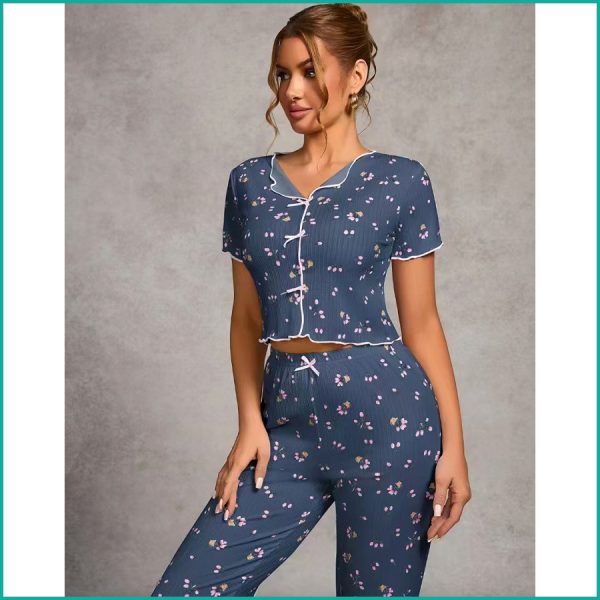 Tulips Ladies Crop T-Shirt Loungewear Pajama Set - Blue - Image 4