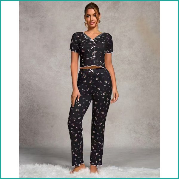 Tulips Ladies Crop T-Shirt Loungewear Pajama Set - Black - Image 4