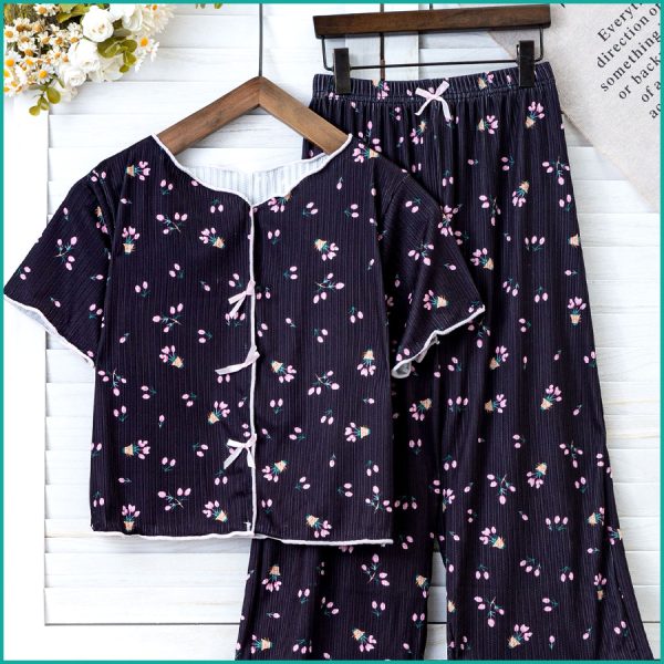 Tulips Ladies Crop T-Shirt Loungewear Pajama Set - Black - Image 2