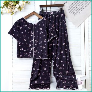 Tulips Ladies Crop T-Shirt Loungewear Pajama Set - Black