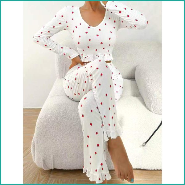 Strawberry Ladies Crop T-Shirt Loungewear Pajama Set - White - Image 4
