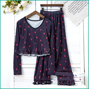 Strawberry Ladies Crop T-Shirt Loungewear Pajama Set - Black