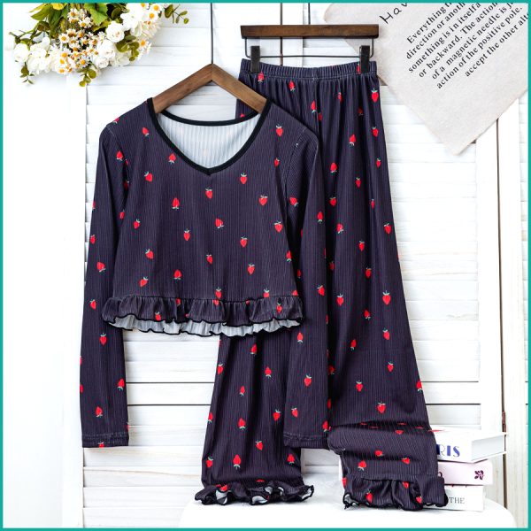 Strawberry Ladies Crop T-Shirt Loungewear Pajama Set - Black