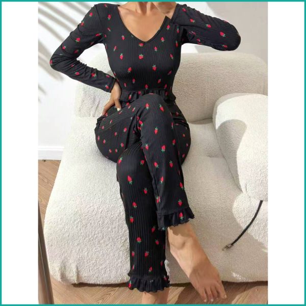 Strawberry Ladies Crop T-Shirt Loungewear Pajama Set - Black - Image 4