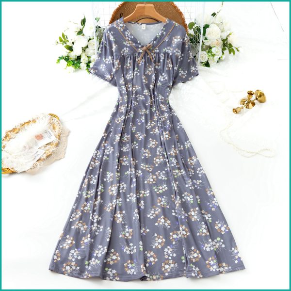 Ladies Cotton Charming Floral Print Nightgown - Grey