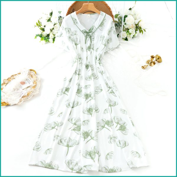 Ladies Cotton Charming Floral Print Nightgown - Green White