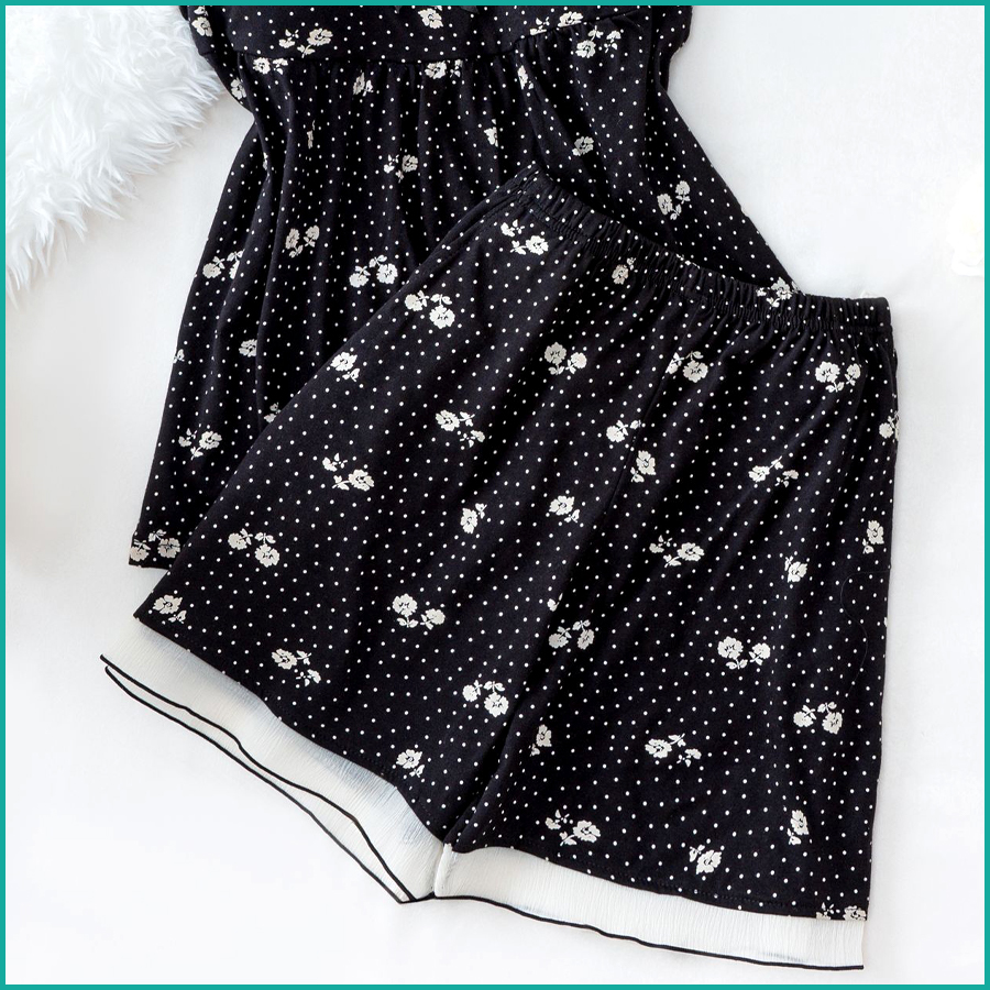 Black Cami and Shorts Set with Floral Polka Dot Print, Lace-Trimmed Neckline & Contrast Hem - Image 3