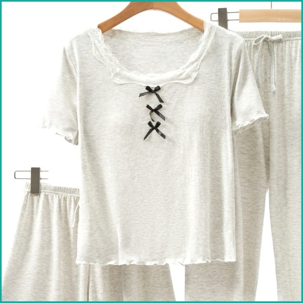 Ladies 3 Pcs Set Loungewear Pajama Set - Light Grey - Image 2