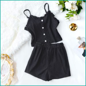 Plain Ladies Crop Top Shorts Set - Black