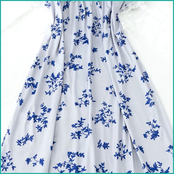 Ladies Cotton Nightgown with Lace Trim and Buttoned Neckline - Blue - Image 2