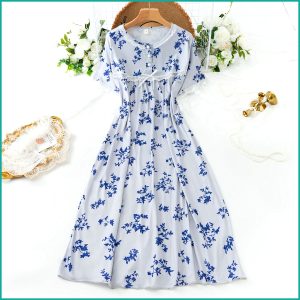 Ladies Cotton Nightgown with Lace Trim and Buttoned Neckline - Blue