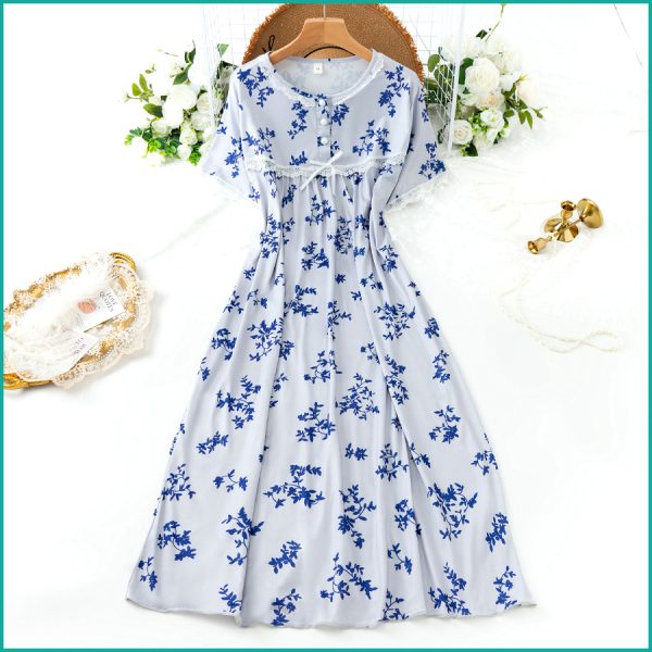 Ladies Cotton Nightgown with Lace Trim and Buttoned Neckline - Blue