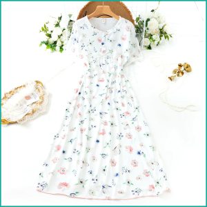 Ladies Cotton Nightgown with Lace Trim and Buttoned Neckline - White