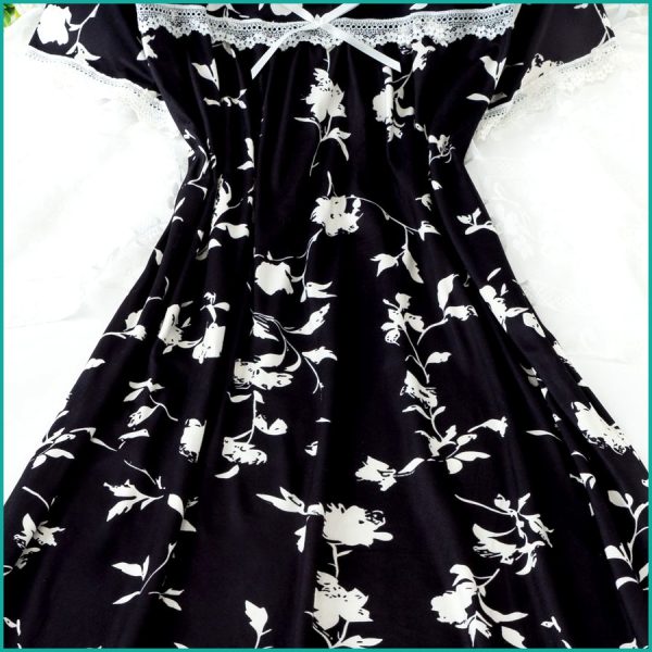Ladies Cotton Nightgown with Lace Trim and Buttoned Neckline - Black - Image 2