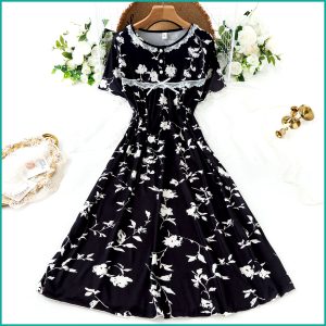 Ladies Cotton Nightgown with Lace Trim and Buttoned Neckline - Black