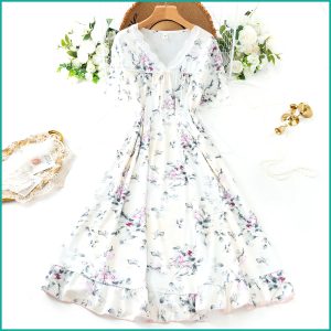 Ladies Cotton Nightgown with Lace Neckline - White