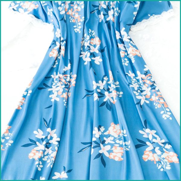 Floral Ladies Cotton Nightgown with Lace Neckline - Sky Blue - Image 2