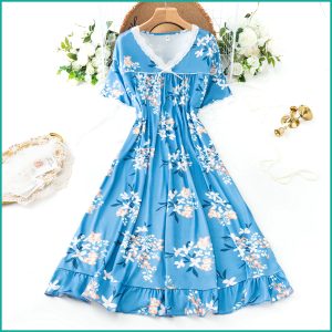Floral Ladies Cotton Nightgown with Lace Neckline - Sky Blue